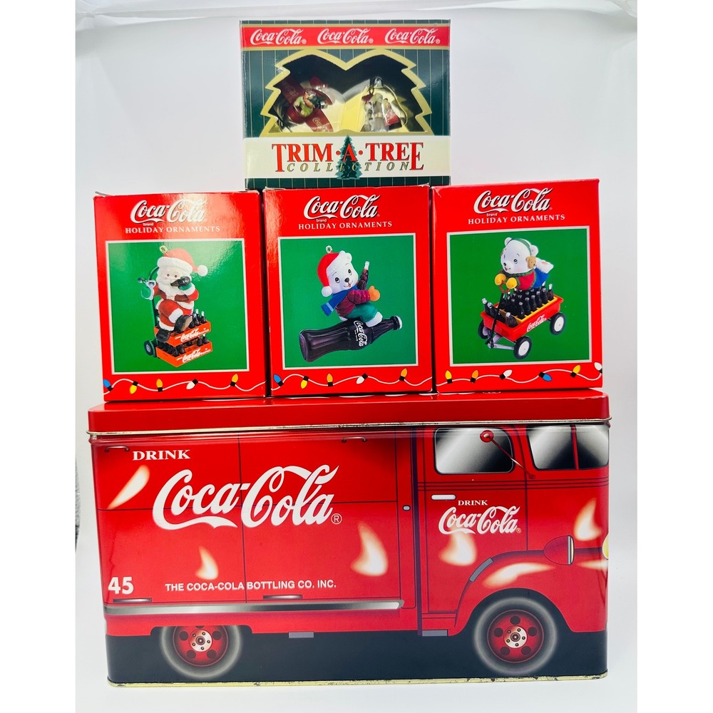 Coca-Cola Holiday Ornament Set with Delivery Truck Tin Santa Polar Bear 5pc